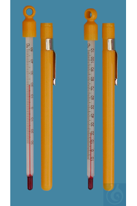 Zakthermometer, enkel type, in gele plastic behuizing met clip, stokvorm, -30+50:1°C, wit gecoat,...
